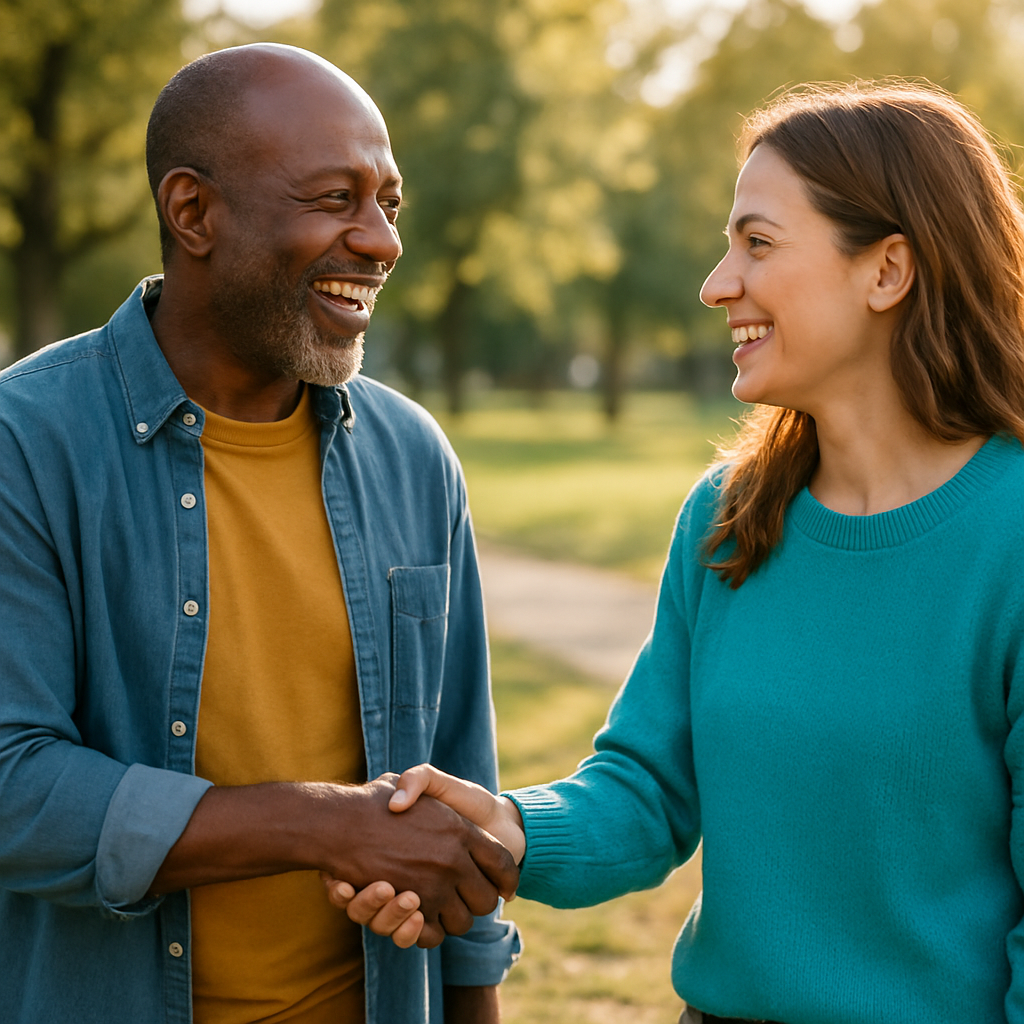 Two people meeting at a local park — genuinely local Dorset dating