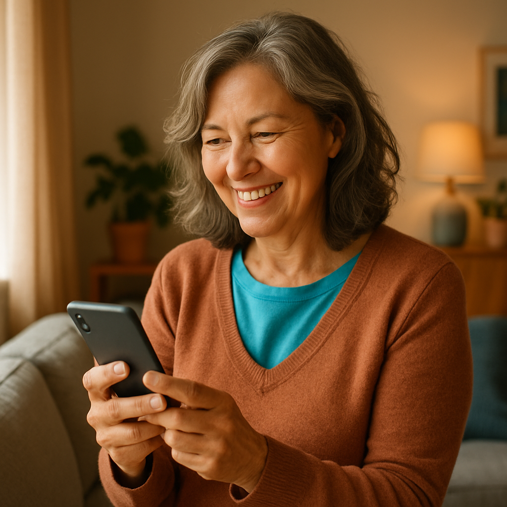 Smiling woman confidently checking her phone — verified profiles on The Dorset Dating Site
